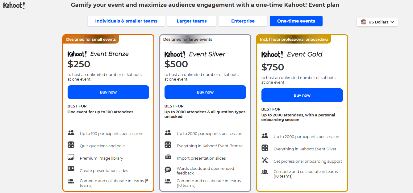 overview of Kahoot's one time event plan showing all the packages and prices listed below