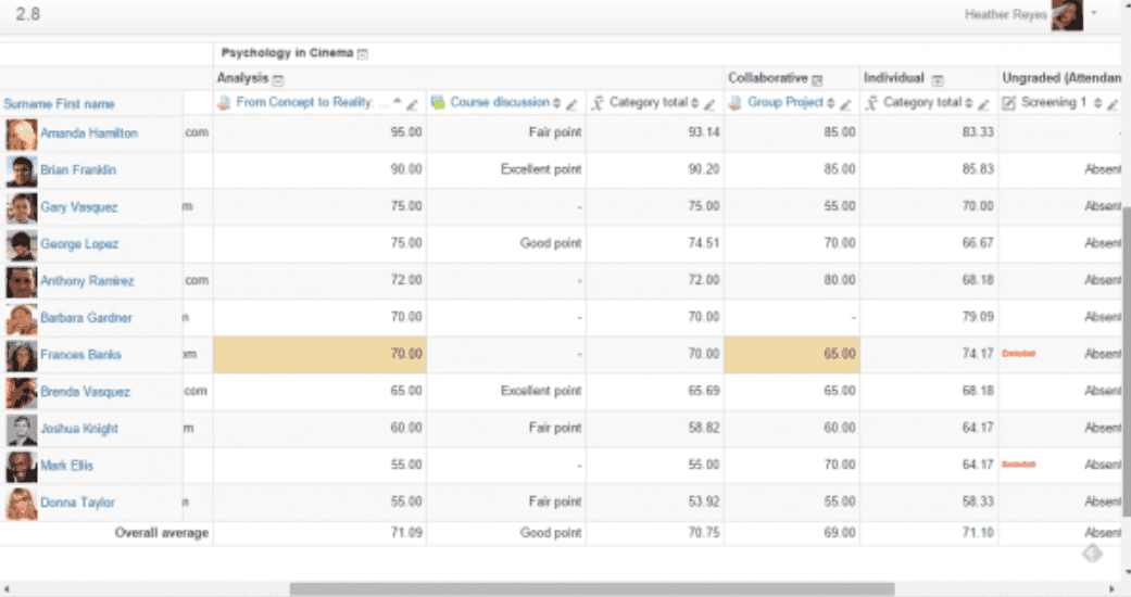 A tabular overview of Moodle’s gradebook with each student’s attendance, results, and performance analytics.