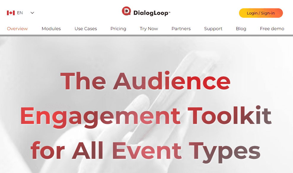 DialogLoop’s homepage with the slogan ‘The audience engagement toolkit for all event types.’