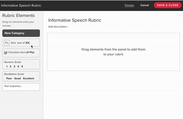 GoReact evaluation page showing the drag and drop elements you can use to outline specific criteria and expectations for an assignment.