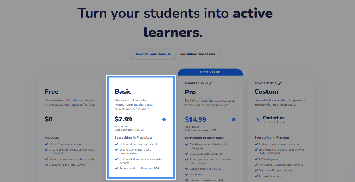 overview of Wooclap’s teacher and student plan spotlighting it’s $7.99 price point"