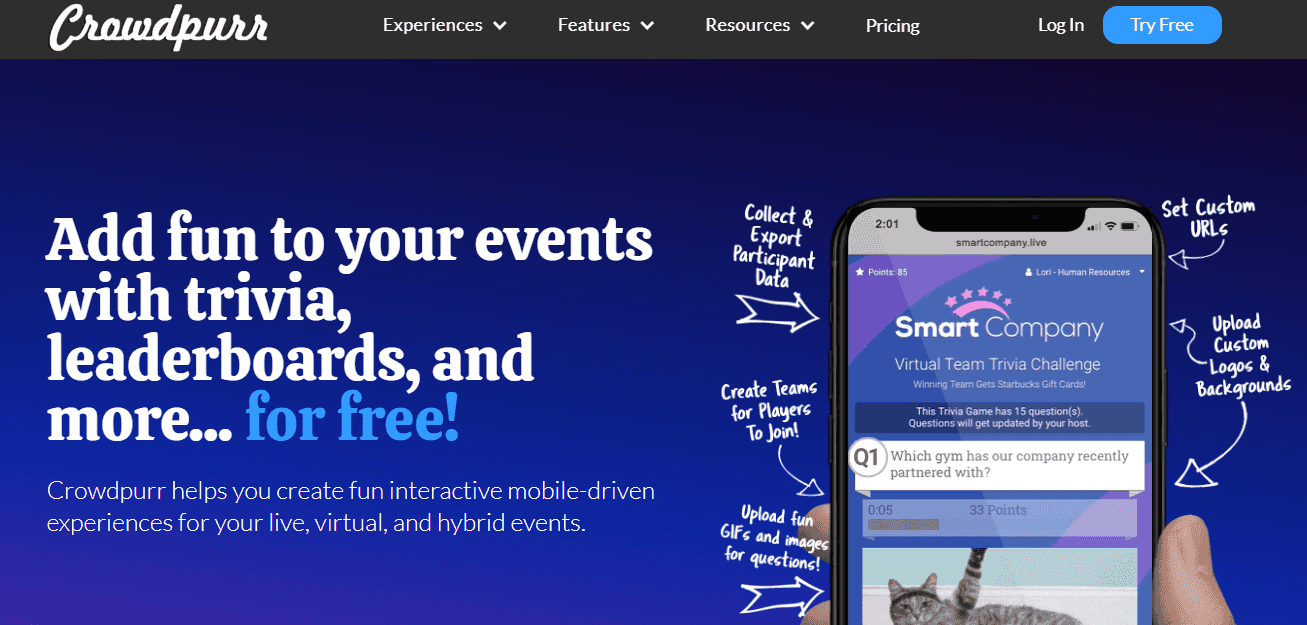 Crowdpurr’s homepage with the slogan ‘Add fun to your events with trivia, leaderboards, and more…for free!’