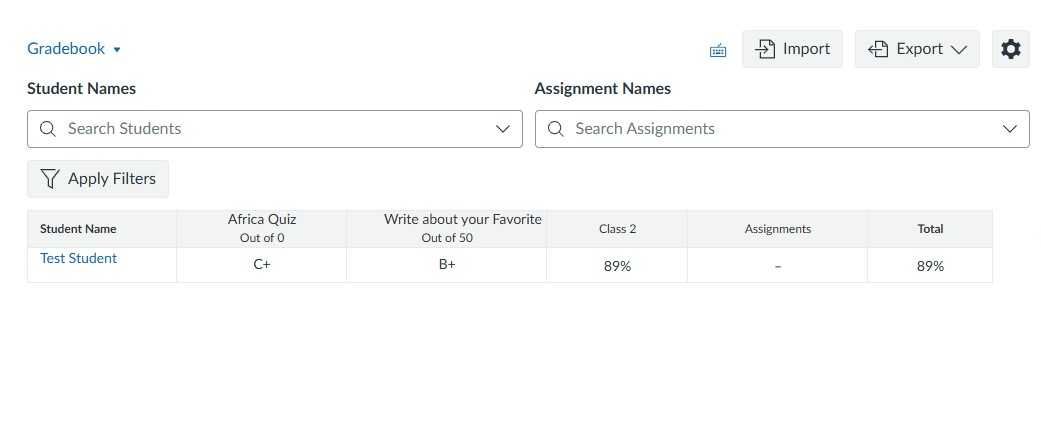 Canvas gradebook displaying search categories for student names and assignment names as well as filter hub to sort through students' grades easily.