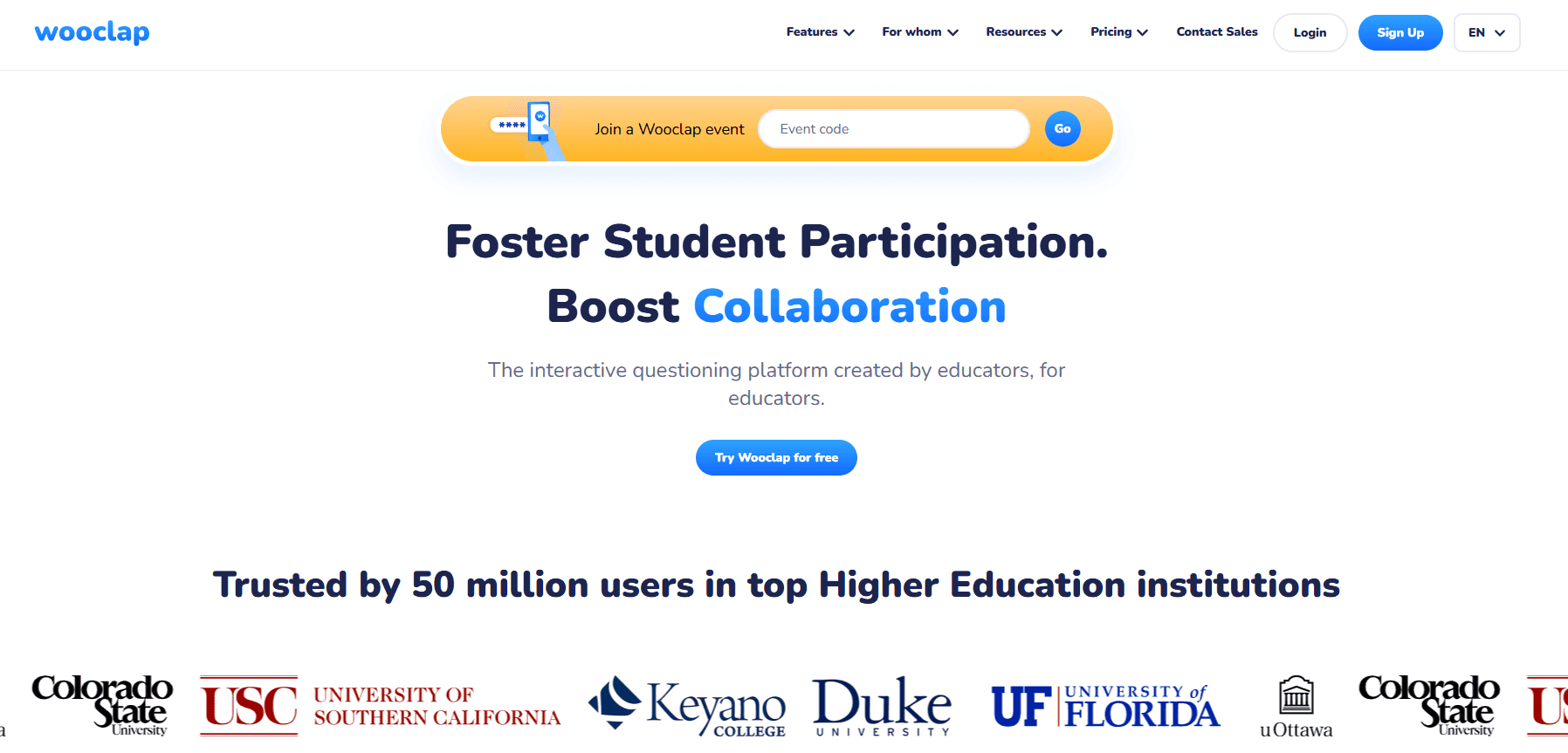 Wooclap has a slogan on its homepage: ‘Foster Student Participation. Boost Collaboration’.