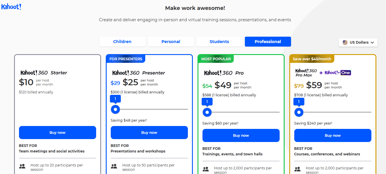 overview of Kahoot's proffessaional plan showing all the packages and prices listed below