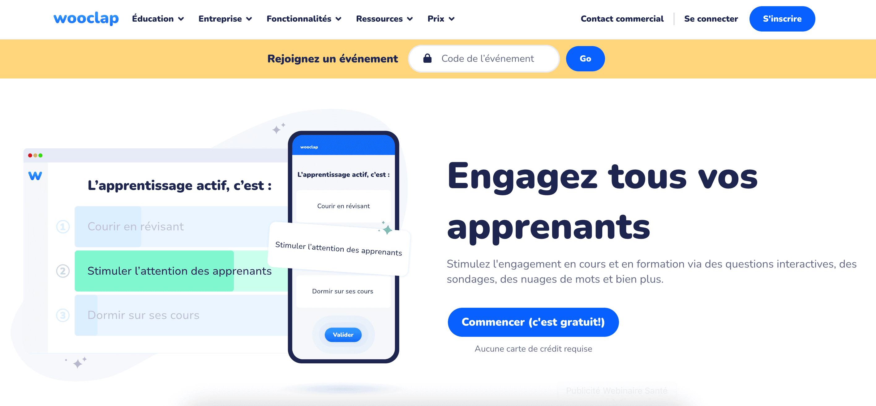 La page d'accueil de Wooclap en juillet 2025 donne un aperçu de la question QCM