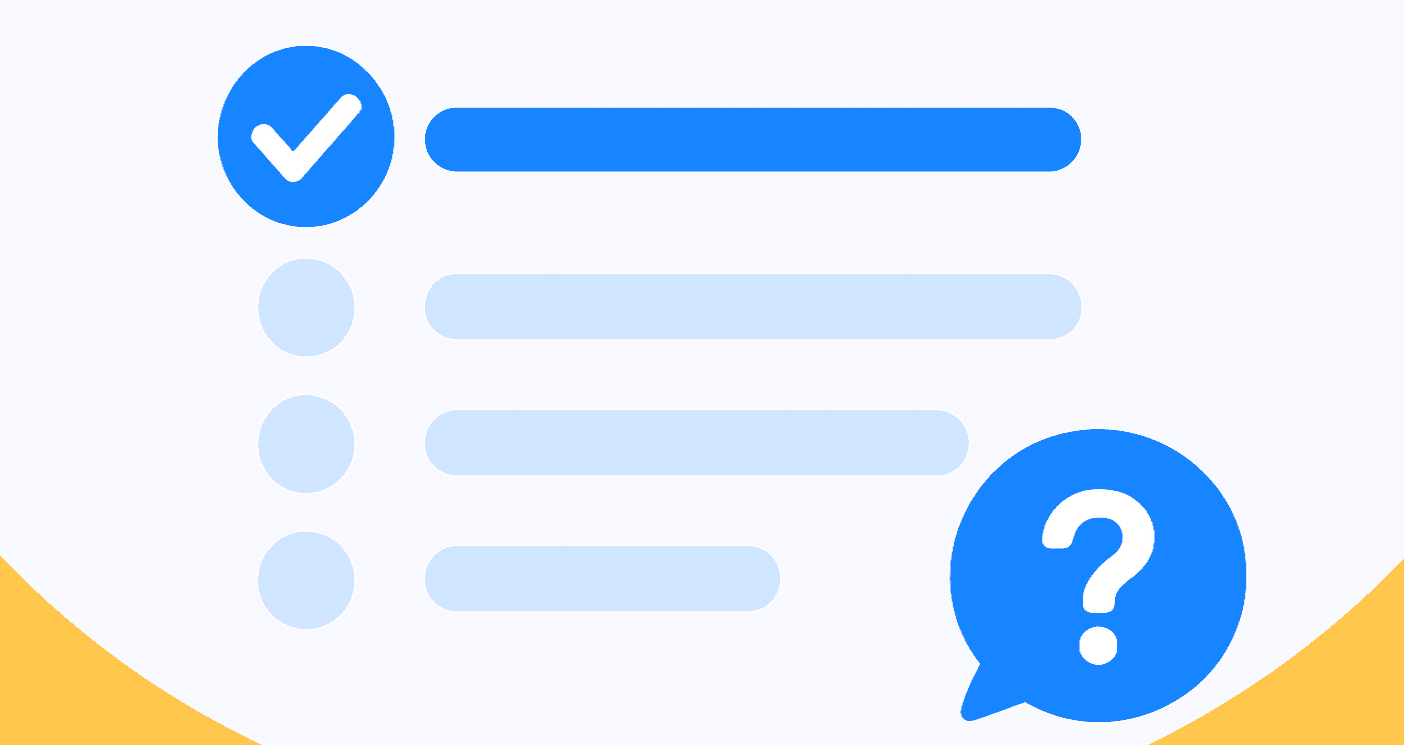 Survey interface with a blue checkmark on the first option, several unselected choices below, and a question mark icon. Yellow curved elements frame the bottom corners.