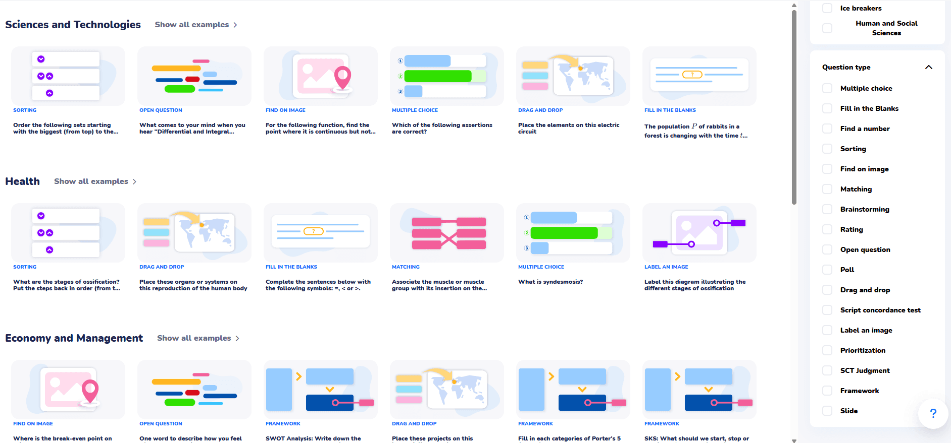 Wooclap provides a gallery of question examples separately from the templates.