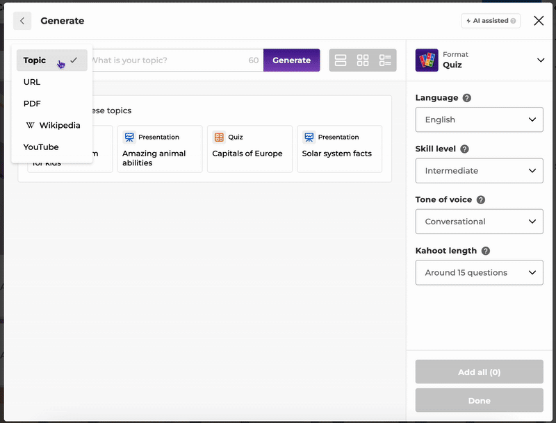 Kahoot's AI-assisted generator interface showing how you can generate content using URL