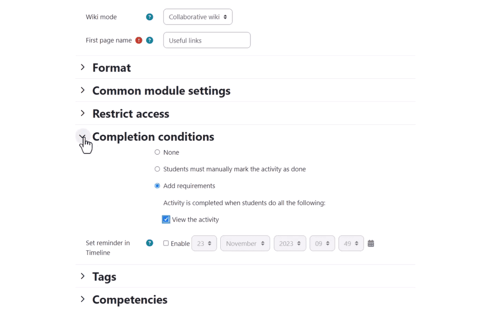 Moodle wiki page spotlighting the tools provided to set completion criteria that must be met for a student to be marked as having completed a wiki activity.