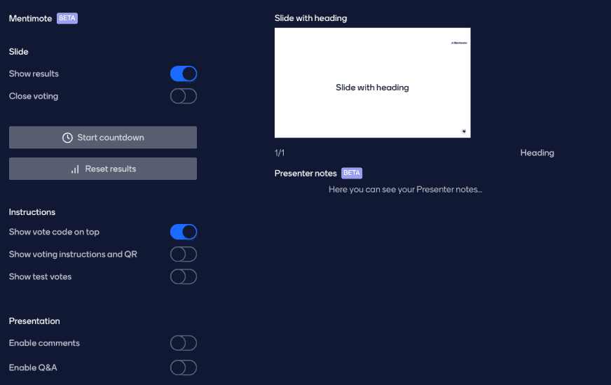 Mentimeter mentimote feature showing how you can customize your slide with presenter notes, countdown timer, voting instructions, etc.