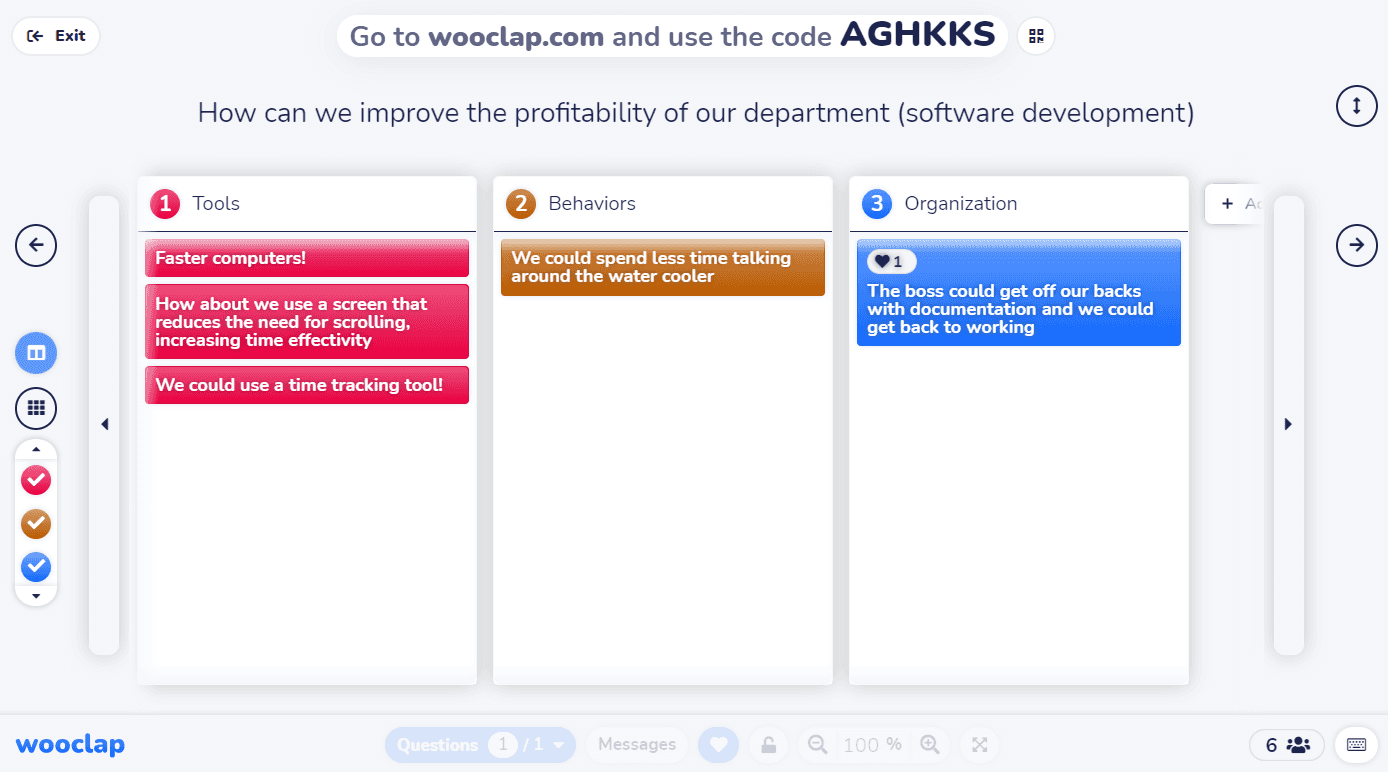 Framework questions help steer brainstorming sessions into productive directions. They allow the session leader to define categories where participants can collect their thoughts and answers to a core question.