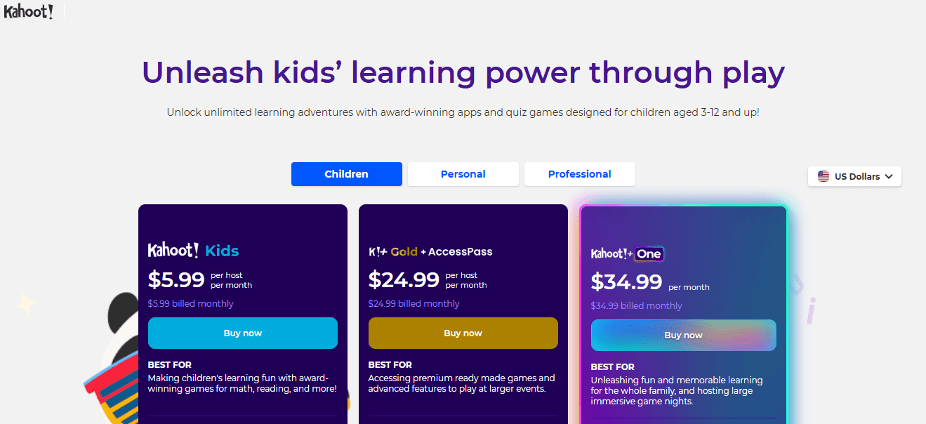 overview of Kahoot's kid’s plan showing all the packages and prices listed below 