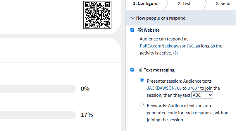 Poll Everywhere’s quiz settings lets you choose from two audience response types: via its web app and text messaging.
