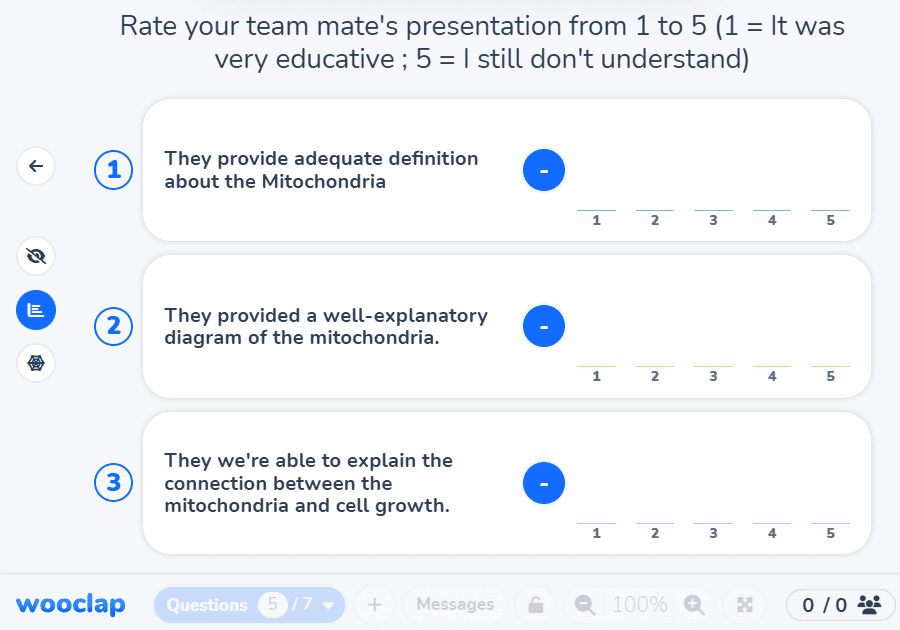 Wooclap peer review form asking to rate a teammate's mitochondria presentation from 1-5, with 1 being 'very educative' and 5 being 'I still don't understand'. Three criteria are evaluated: definition adequacy, diagram quality, and explanation of connection to cell growth.
