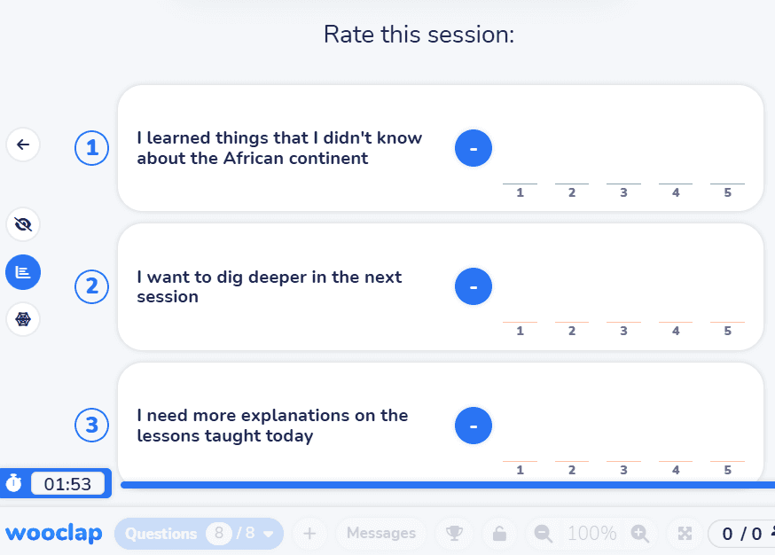 Wooclap feedback form titled 'Rate this session' with three statements to evaluate: learning about Africa, wanting to dig deeper, and needing more explanations.