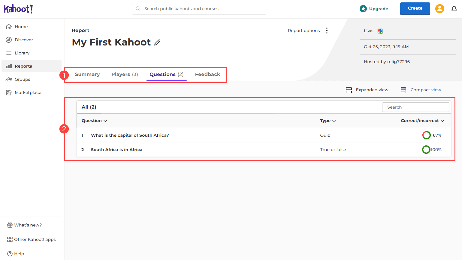 Kahoot's reports show the user how many participants answered each question correctly in the Questions tab. It also offers a session Summary, reports for each participant, and the participants Feedback.