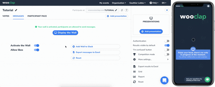 Wooclap’s message wall showing how you can check and address annonymous questions during live lectures