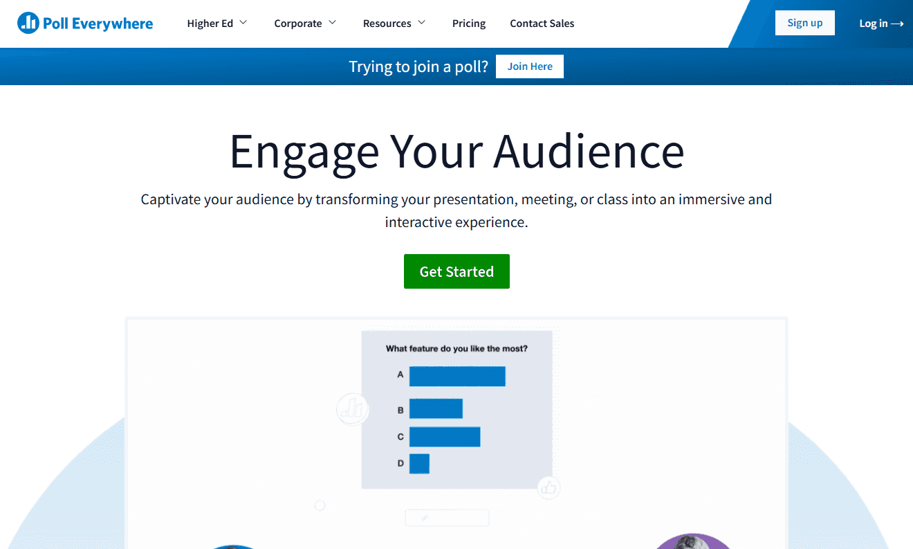 Poll Everywhere’s homepage with the slogan ‘Engage your audience.’