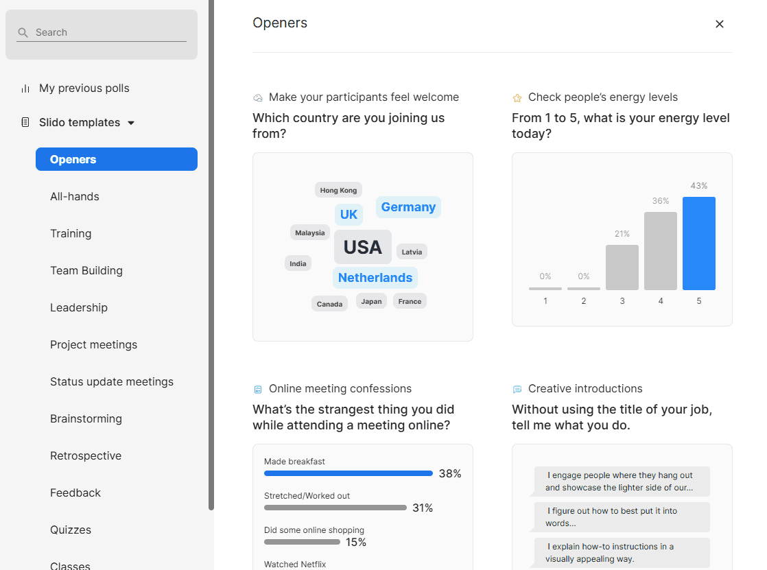 Slido offers poll templates only within its old interface