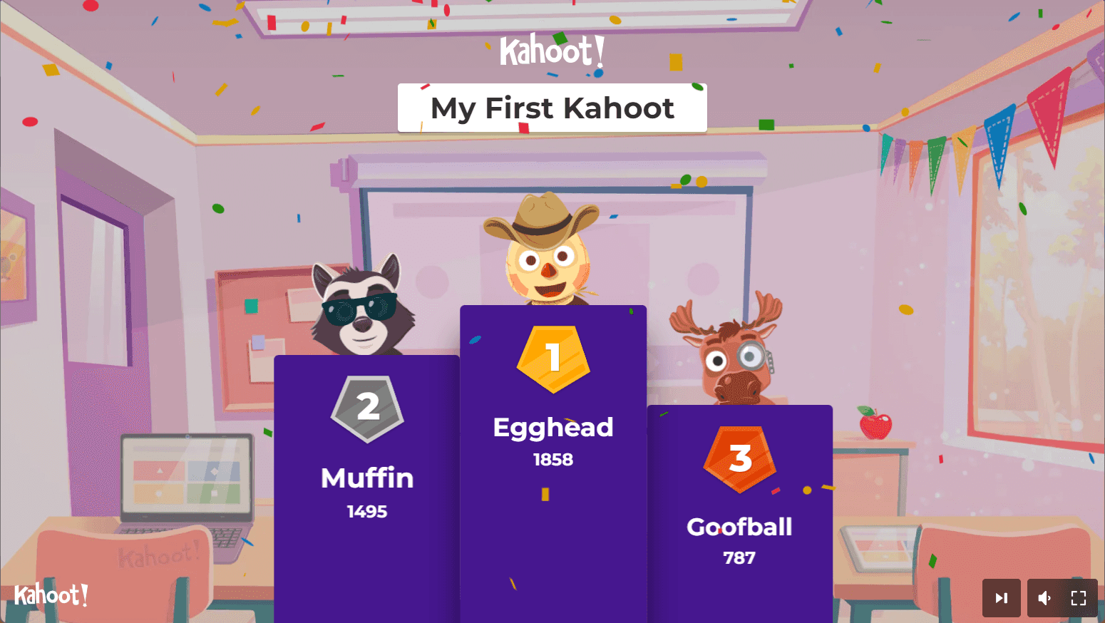 Kahoot's leaderboards are geared toward kids, with cartoony graphics.