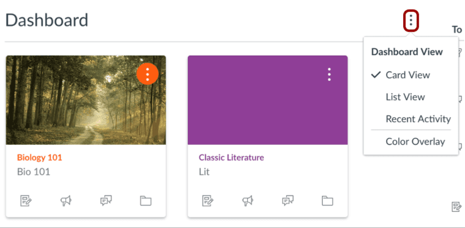 Overview of how you can switch your Canvas’ dashboard from Card view to list or recent activities view