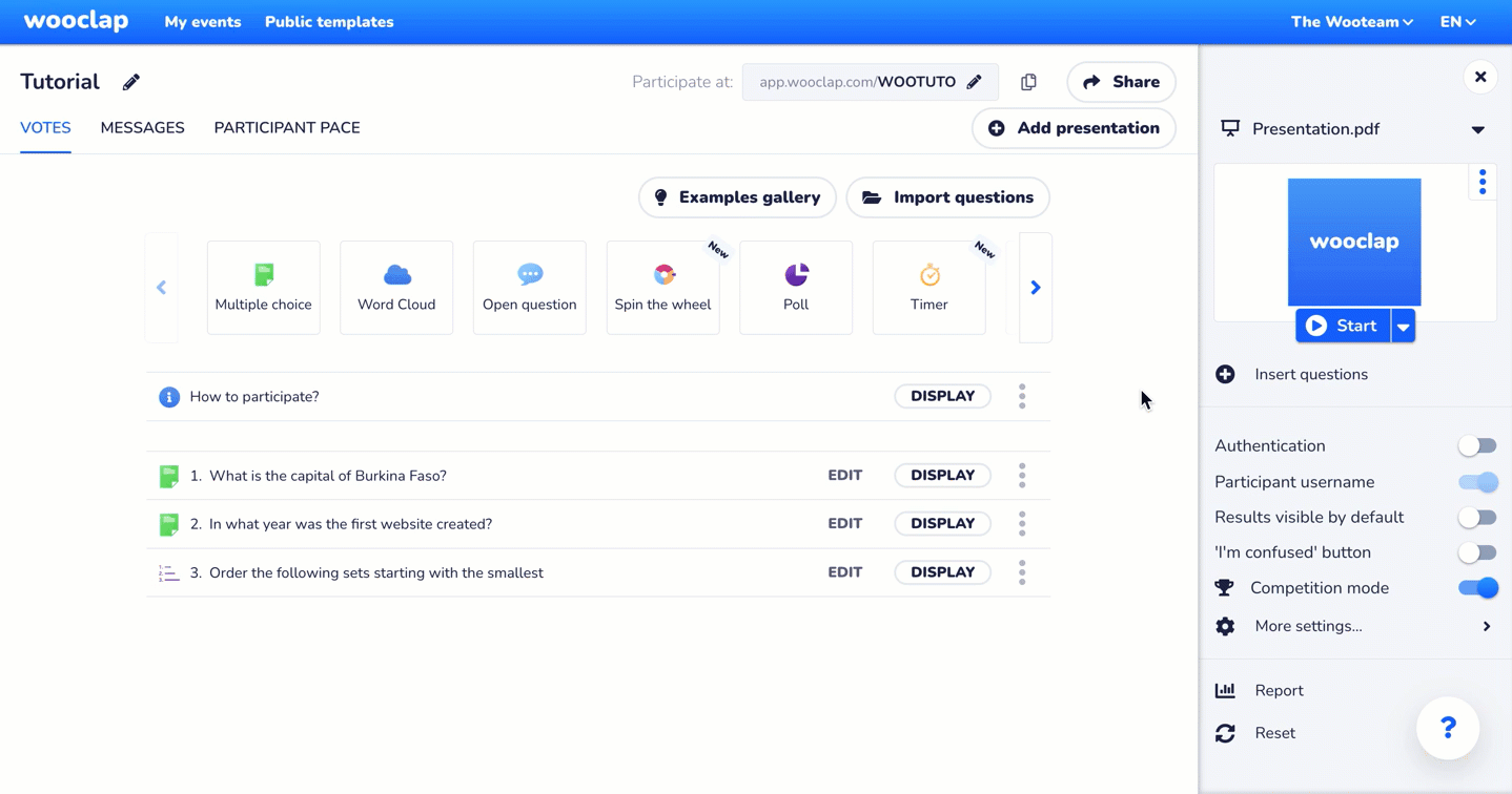 Wooclap interactive presentation shows how you can insert questions into your presentations and how participants can join your quizzes using a QR code