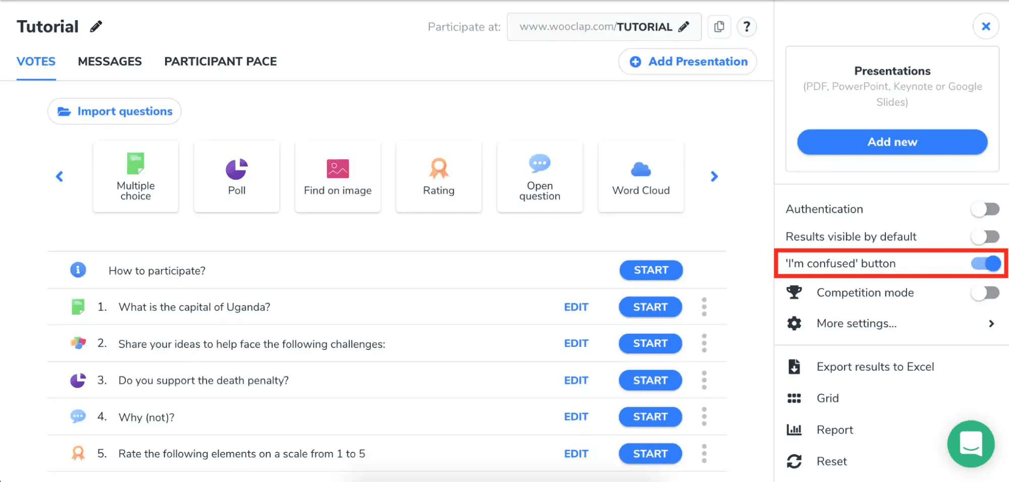 Wooclap event dashboard showing question types and the unique 'I'm confused' button toggle.