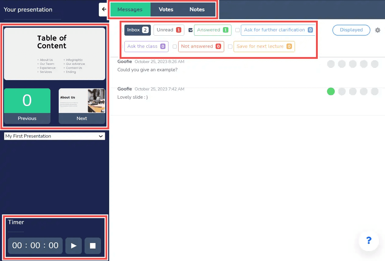 Wooclap’s presentation options show you the current and next slide, include a timer, and allow you to switch between messages, votes, and notes.
