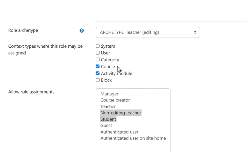 The context types Moodle offers to determine how much access each person has. These include System, User, Category, Course, Activity Module, Block 