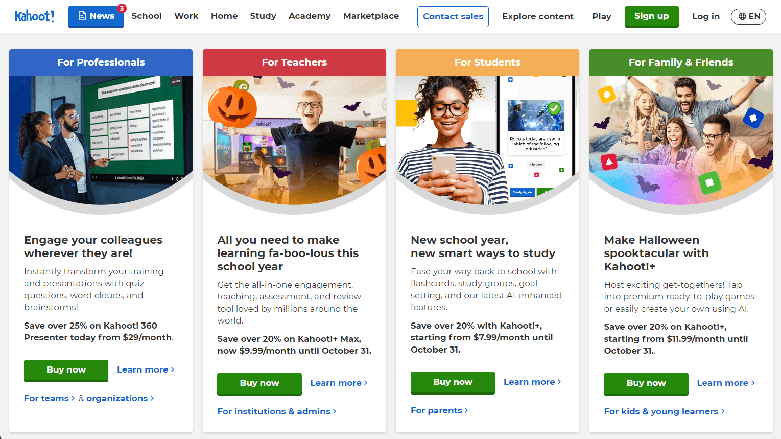 Kahoot's homepage directs users directly to its paid plans.