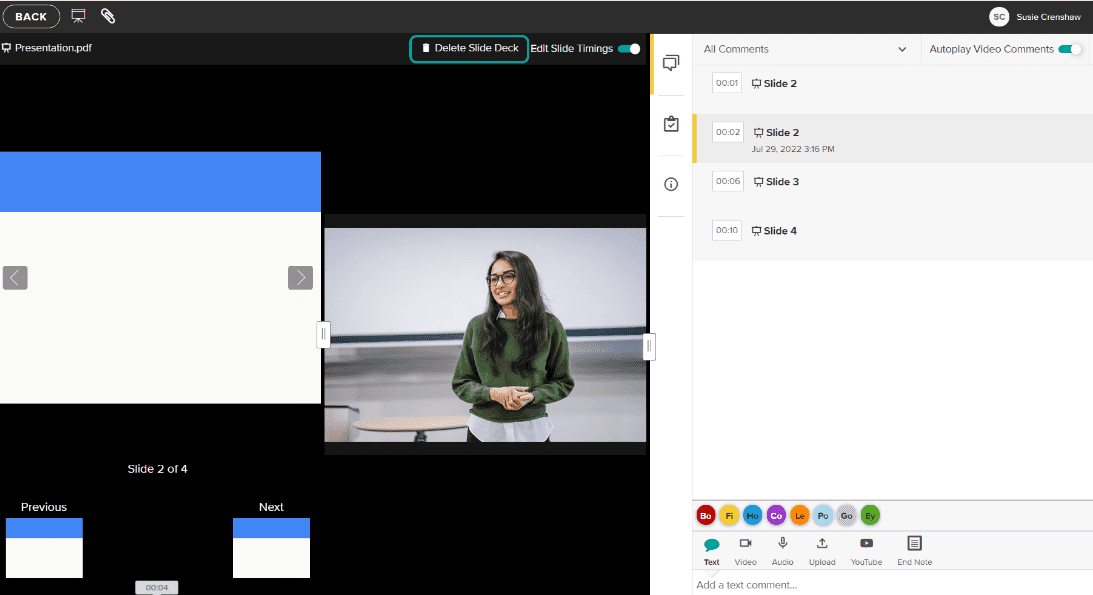  Overview of GoReact presentation slides with the option to delete and edit different slide decks and timing..”]