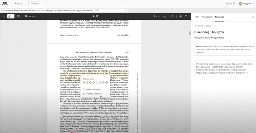 Mendeley notebook with an overview of the color palette you can use to highlight specific information and leave thoughts or comments.
