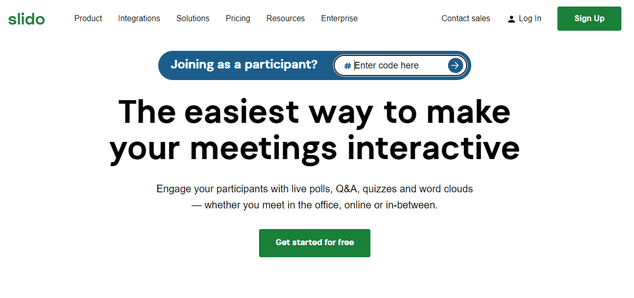 Slido’s homepage with the slogan ‘The easiest way to make your meetings interactive.’