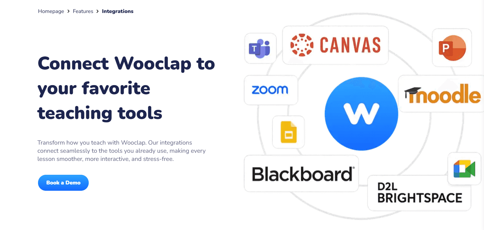 Wooclap integrations page showing supported LMS, presentation, and meeting platforms.