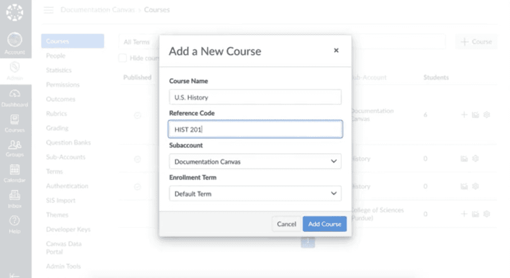 Canvas new course tab displaying the fields you would have to fill to create a new course. These include course name, reference code, subaccount, and enrollment term.