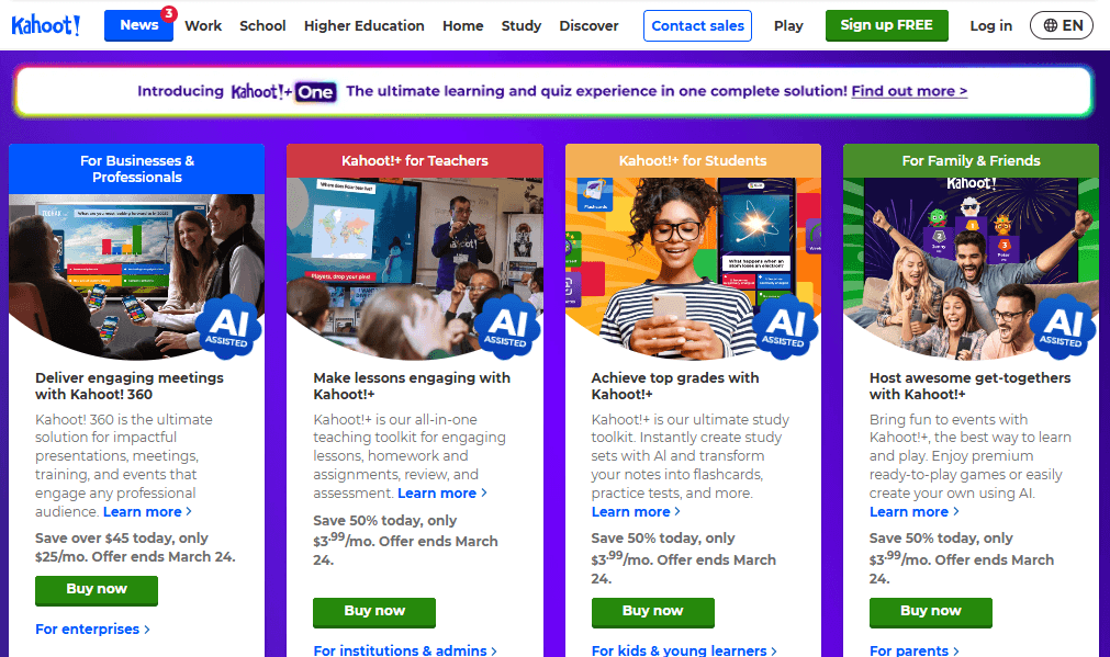 Kahoot’s homepage has a slogan: ‘The ultimate learning and quiz experience in one complete solution