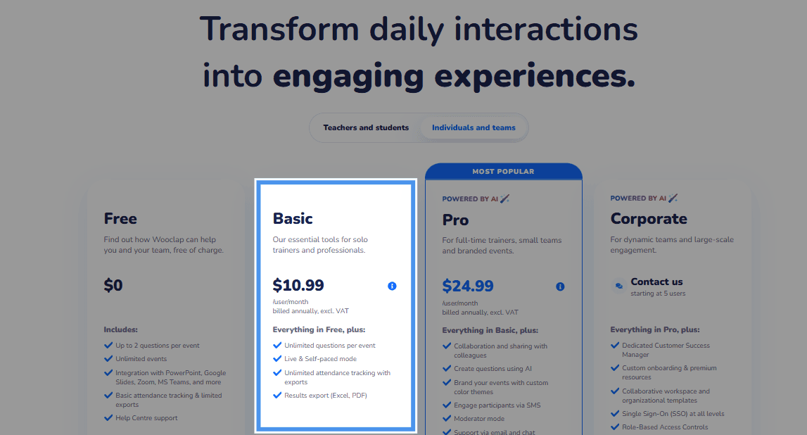 overview of Wooclap’s basic plan for professionals spotlighting it’s $10.99 price point