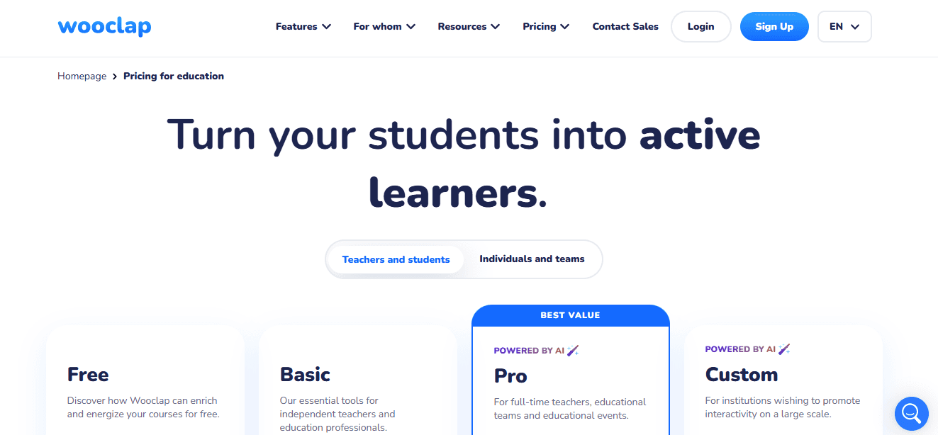 Wooclap's pricing webpage showing four plans: Free, Basic, and Custom, as categorized for 'Teachers and students' and 'Individuals and teams.