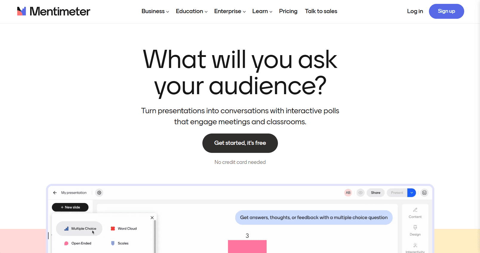 Mentimeter homepage with the tagline ‘What will you ask your audience’.