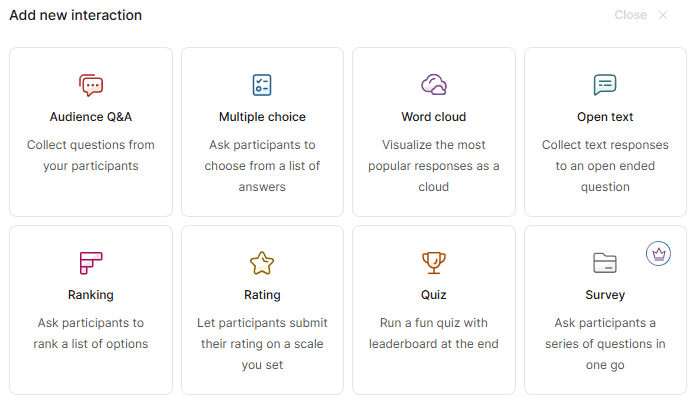 Slido offers eight different question types, including audience Q&A, multiple choice, word cloud, open text, ranking, rating, quiz, and survey.