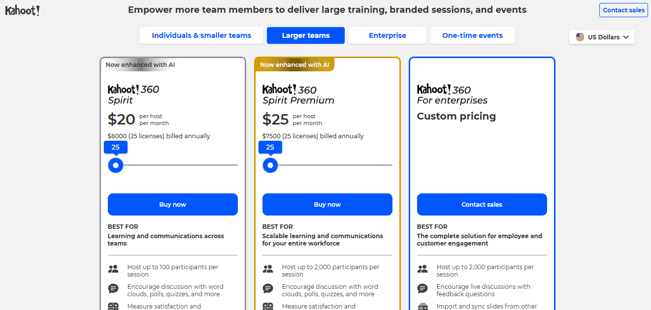 overview of Kahoot's large team plan showing all the packages and prices listed below