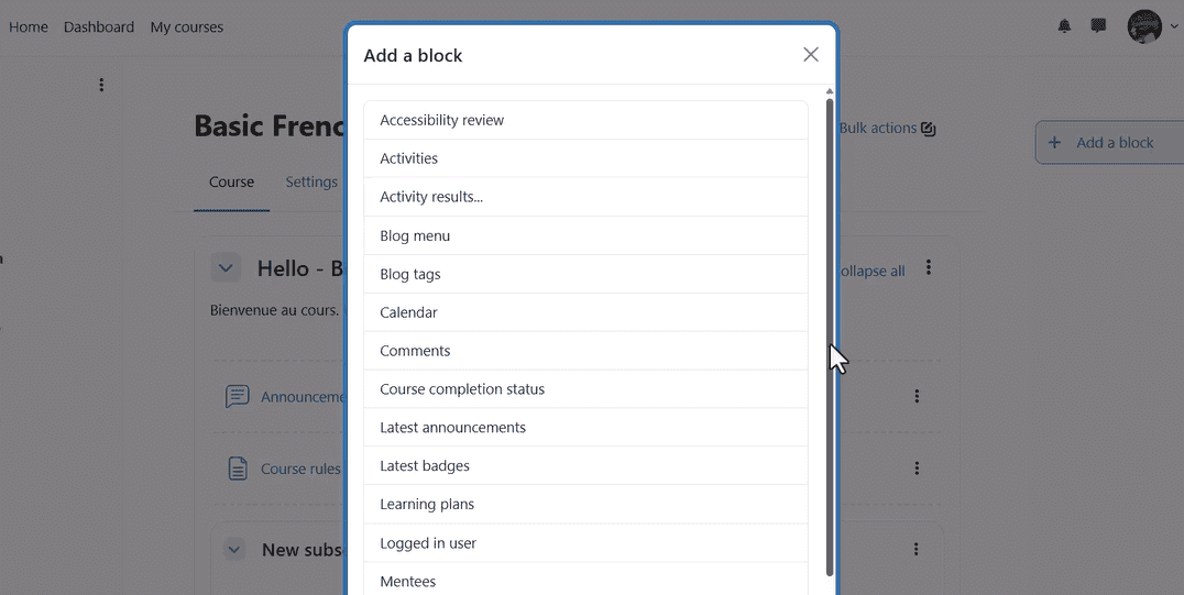 Moodle dashboard showing the blocks you can use to make your homepage more interactive. These include activity results, blog menu, blog tags, calendar, comments, etc
