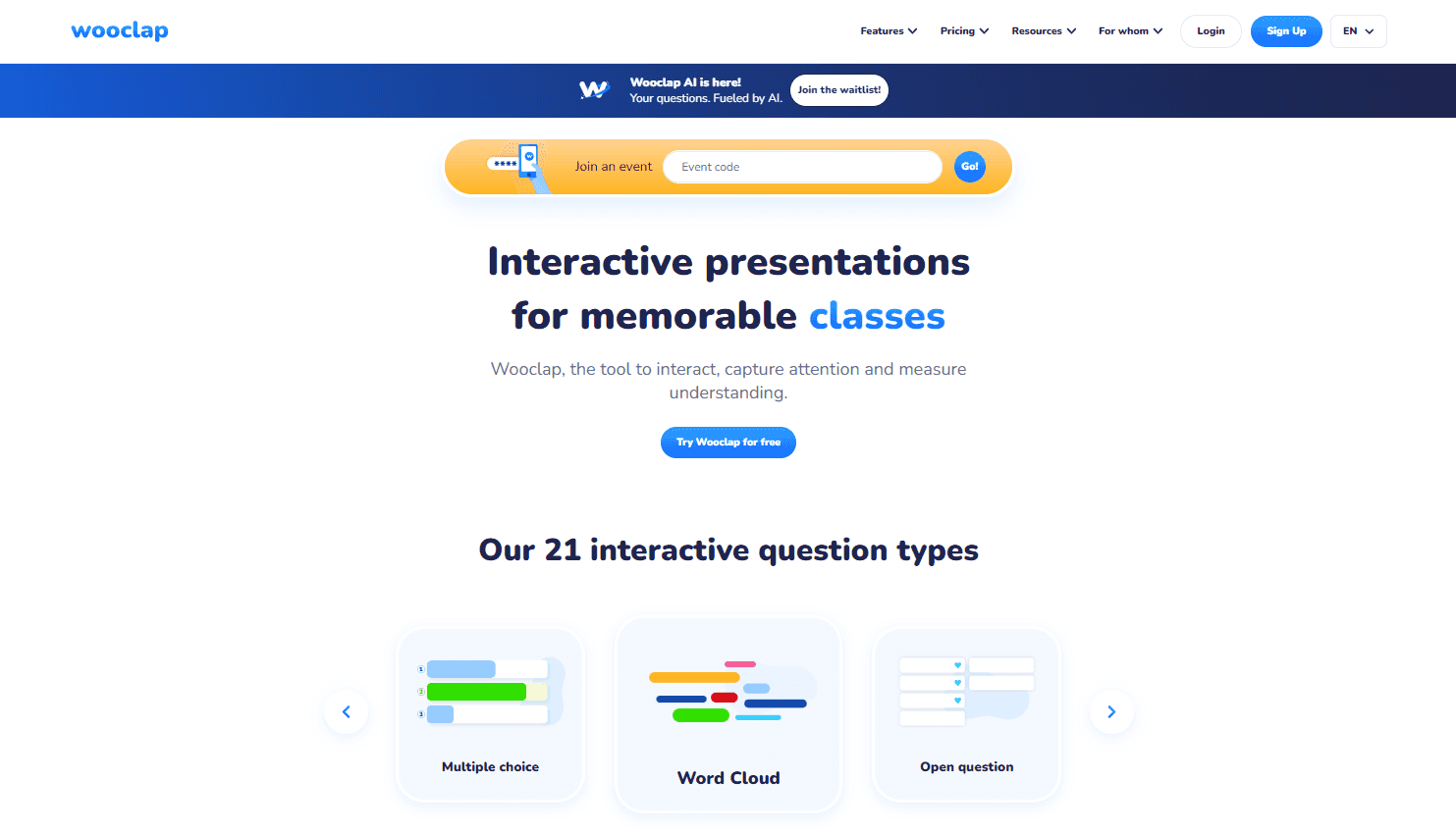 Wooclap's homepage allows users to join events, alternatively, it prompts them to try Wooclap for free.