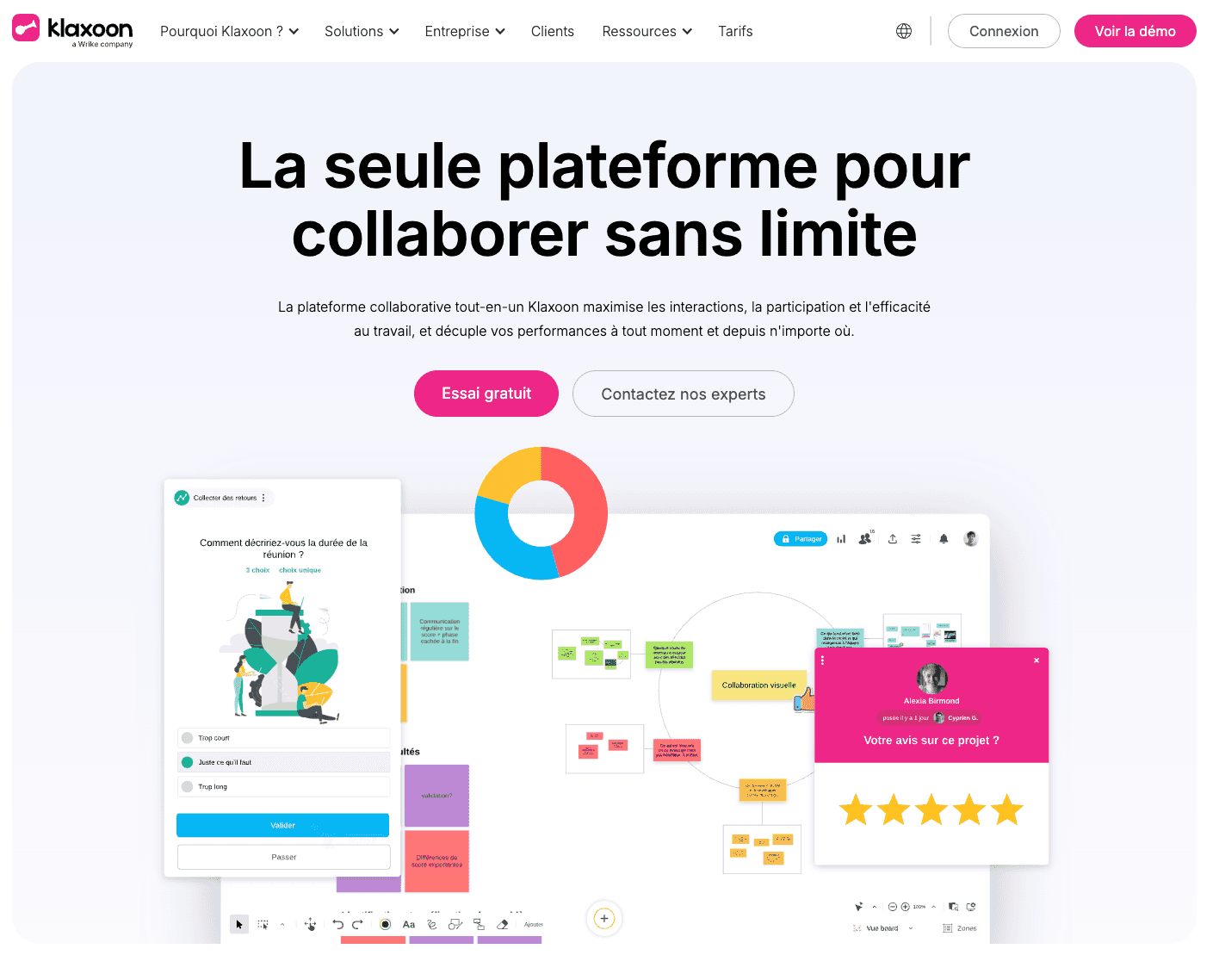 La page d'accueil de Klaxoon montre un aperçu de la plateforme de collaboration