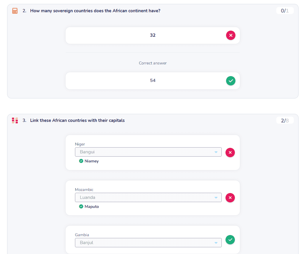 Wooclap’s Personalized reports showing right and wrong answers with the correct answers displayed below wrong ones.