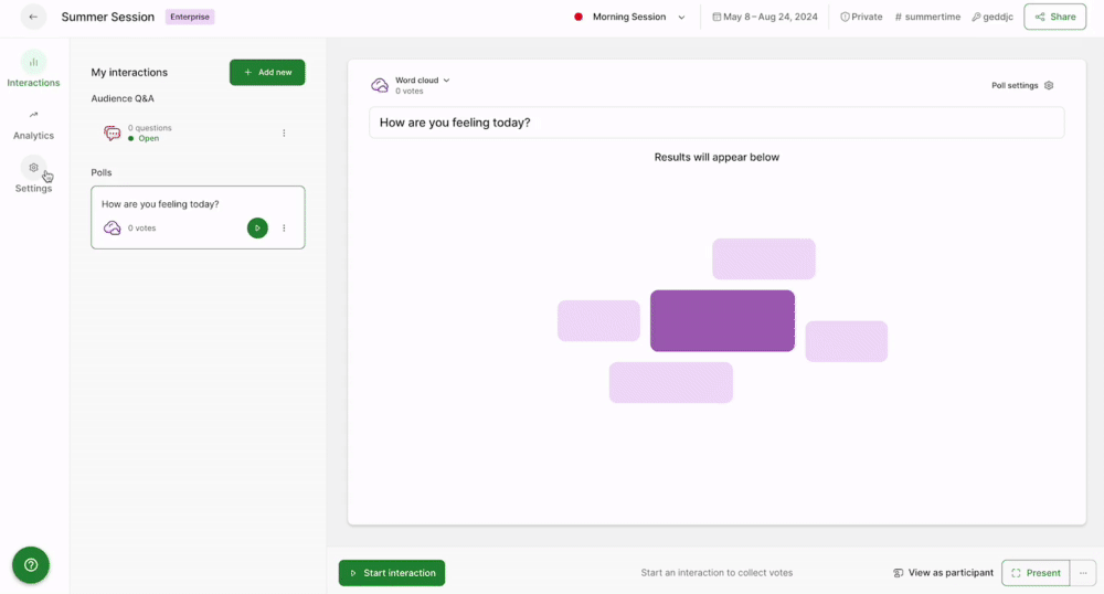 Slido’s room setup features highlighting the general tools you can use to customize the activities taking place within each room.
