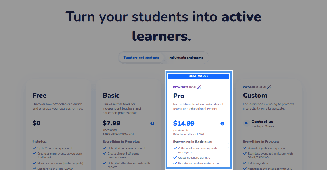 overview of Wooclap’s school plan spotlighting it’s $14.99 price point