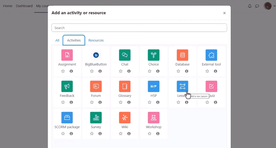 Moodle activities catalog showing core activities like assignments, glossary, workshop, survey, SCORM package, H5P, database, etc.