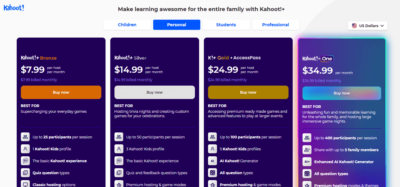 overview of Kahoot's personal plan showing all the packages and prices listed belo